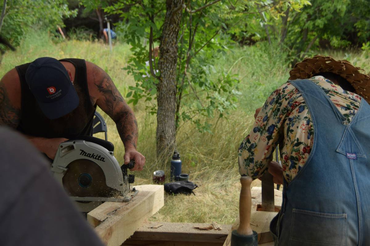 chop saw for woodworking cutting a clean 45-degree miter on pine board with visible dust collection hose attached